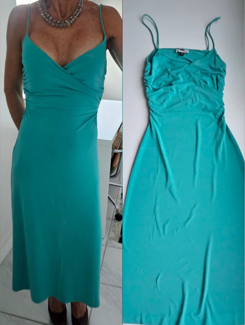 Diane Von Furstenberg Slinky Vintage Y2K Teal Rouched Wrap Midi Dress USA